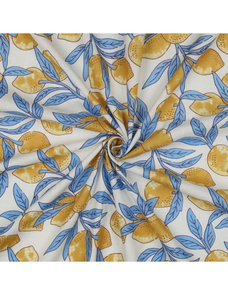 Tissu coton indien block print Citrons - Feuilles bleues