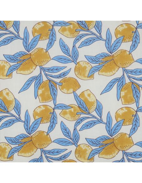 Tissu coton indien block print Citrons - Feuilles bleues