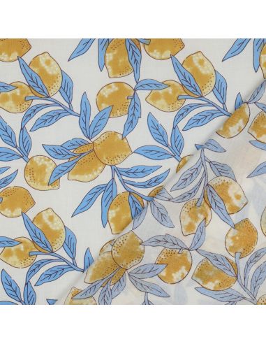 Tissu coton indien block print Citrons - Feuilles bleues