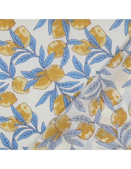 Tissu coton indien block print Citrons - Feuilles bleues