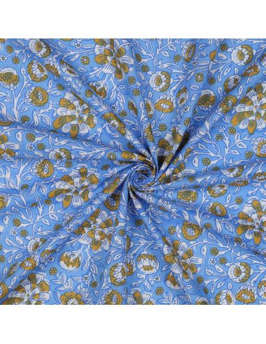 Tissu coton indien block print Myrène - Bleu