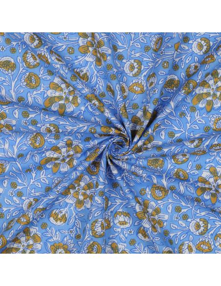 Tissu coton indien block print Myrène - Bleu