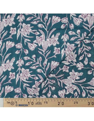 Tissu coton indien block print Kirine - Bleu pétrole