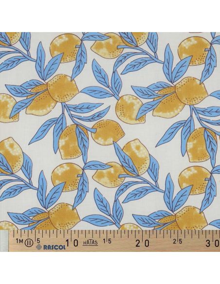 Tissu coton indien block print Citrons - Feuilles bleues