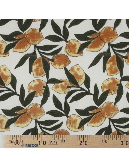 Tissu coton indien block print Citrons - Feuilles vertes