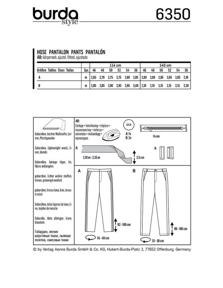 Patron de pantalon - Burda 6350