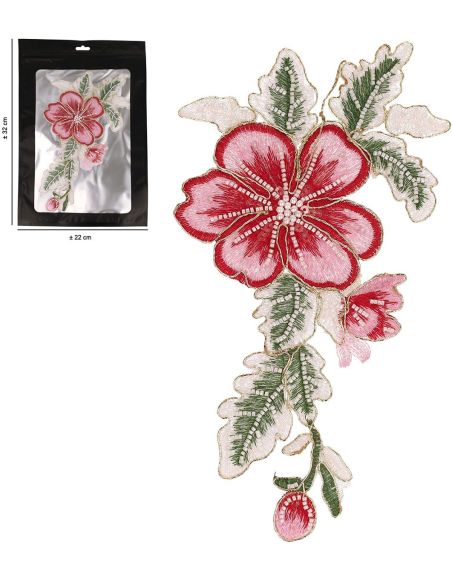 Écusson fleur perles à coudre XL - Rose et rouge