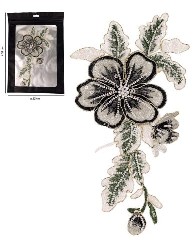 Écusson fleur perles à coudre XL - Gris et noir