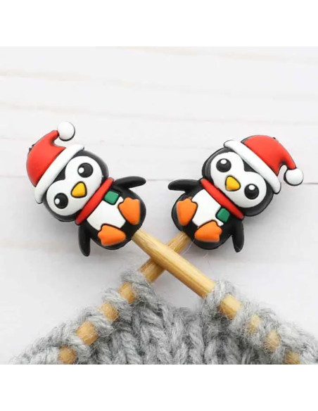 Bouchons stoppeurs de mailles pour aiguilles à tricoter - Pingouins de noël