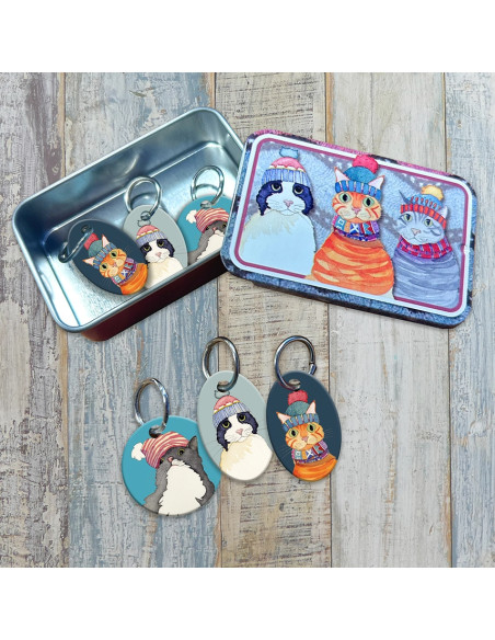 Set de 6 anneaux marqueurs de maille - Chat et bonnet