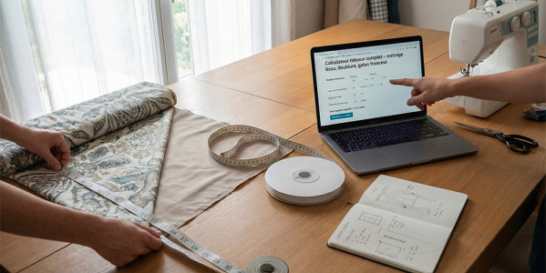 Calculateur rideaux complet – métrage tissu, doublure, galon fronceur