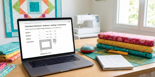 Calculateur patchwork : bordures + sashing + cornerstones (métrage tissu)